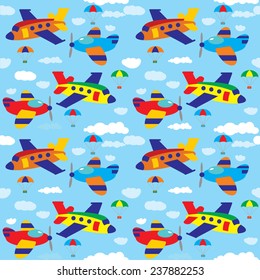Vector seamless background with  airplanes, parachutes and clouds in blue sky