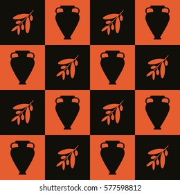 Vector seamless background with antique symbols - amphora and olive brunch. Greek vintage pattern