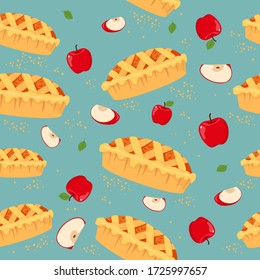 Vector seamless background with Apple pies and red apples. Vector flat illustration.