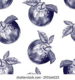 Vector seamless background. Apples fruits. Design for fabrics, textiles, paper, wallpaper, Internet. Vintage. Floral ornament. Black and white.