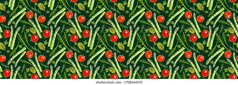 Vector seamless background with asparagus and tomatoes
