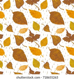 Vector seamless background autumn foliage in bright colors with raindrops