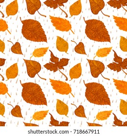 Vector seamless background autumn foliage in bright colors with raindrops