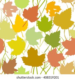 Vector seamless background with autumn maple leaves  for fashion textile or web background. green yellow orange beige silhouette on white background. Vector