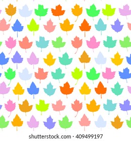 Vector seamless background with autumn maple leaves  for fashion textile or web background. green yellow orange blue pink purple neon silhouette on white background. Vector