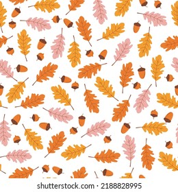 Vector seamless background of autumn oak leaves and acorns. Background for textile or book covers. Wallpaper design scrapbooking. 