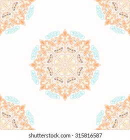 Vector seamless background. Autumn round pattern and contoured tree in the rain and bird.