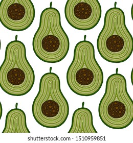 Vector seamless background with avocado fruit slices on a white background.