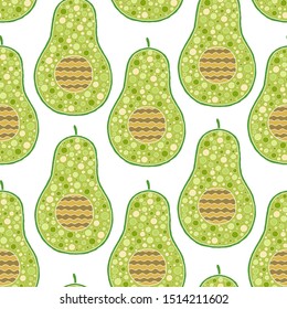 Vector seamless background with avocado fruit slices on a white background.