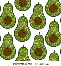 Vector seamless background with avocado fruit slices on a white background.