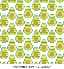 Vector seamless background with avocado fruit slices on a white background.