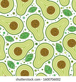 Vector seamless background with avocado fruit slices on a white background.