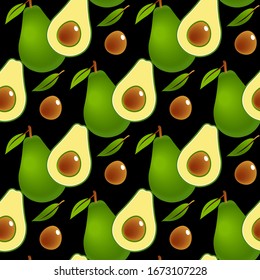 Vector seamless background with avocado fruit half on a black background. Texture for eco and healthy food seamless pattern for kitchen, for printing on textiles, phone case with fruits avocado.