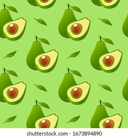 Vector seamless background with avocado fruit slices on a green background. Texture for eco and healthy food seamless pattern for kitchen, for printing on textiles, phone case with fruits avocado.