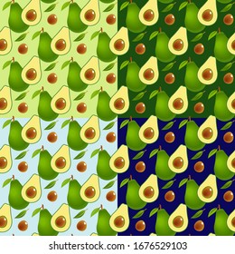 Vektorillustration nahtloser Hintergrund mit Avocado-Obstscheiben auf einem anderen Hintergrund. Textur für ökologische und gesunde Lebensmittel nahtlose Muster für die Küche, für den Druck auf Textilien, Telefongehäuse mit Früchten Avocado.