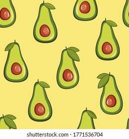 Vector seamless background with avocado fruit on a yellow background. Texture for eco and healthy food seamless pattern for kitchen, for printing on textiles and phone case.
