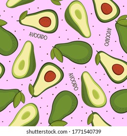 Vector seamless background with avocado fruit slices on a pink background. Texture for eco and healthy food seamless pattern for kitchen, for printing on summer textiles and phone case.