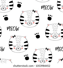 Vector seamless background with baby cat scandinavian design pattern