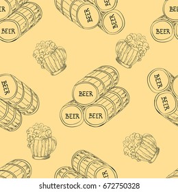 Vector seamless background with barrels of beer and mugs