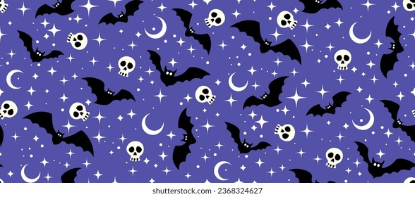 Vector seamless background with bats moons and skulls