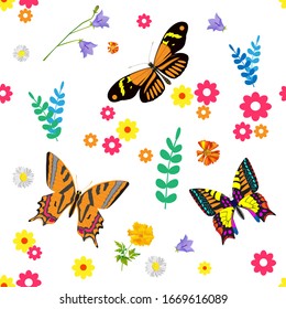 Vector seamless background with beautiful butterflies and flowers.