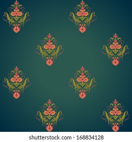 Vector seamless background. Beautiful floral damask pattern in vintage style. Bright colors and dark background.