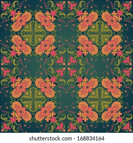 Vector seamless background. Beautiful floral damask pattern in vintage style. Bright colors and dark background. 