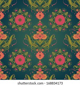 Vector seamless background. Beautiful floral damask pattern in vintage style. Bright colors and dark background. 