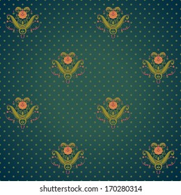 Vector seamless background. Beautiful floral pattern and polka dots. Bright colors and dark background