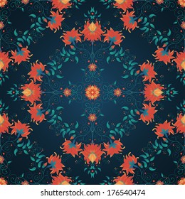 Vector seamless background. Beautiful floral pattern. Imitation watercolor gradients. Bright colors and dark background.