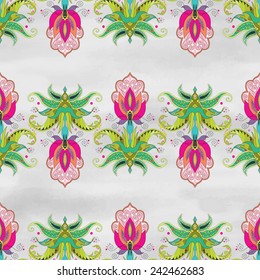 Vector seamless background. Beautiful floral oriental fantastic borders. Watercolor background. Hand drawing.