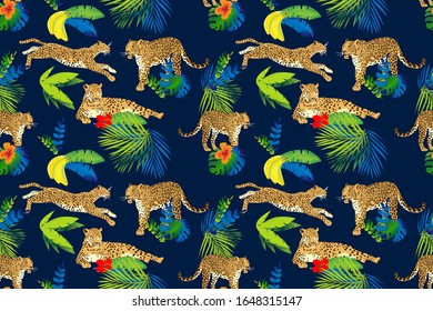 Vector seamless background with beautiful leopards. Tropical foliage and fruits.