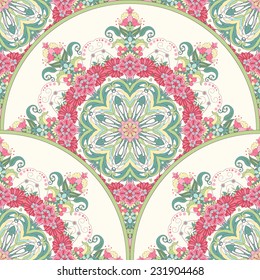 Vector seamless background. Beautiful oriental floral pattern consists of a round elements. Delicate green and pink.