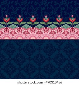 Vector seamless background. Beautiful oriental floral border. Fantastic flowers and leaves. Dark backdrop. Simple delicate ornament. Tree of Life collection.