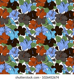 Vector seamless background. Beautiful watercolor hibiscus flowers in orange, brown and blue colors. Bright painting inspired hibiscus flower print.