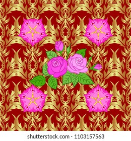 Vector seamless background. Beautiful watercolor rose flowers and green leaves on a red background. Bright painting inspired rose flower print.