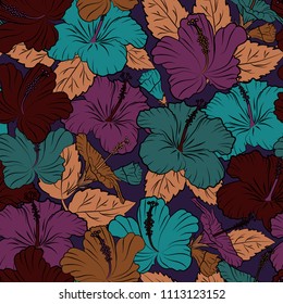 Vector seamless background. Beautiful watercolor hibiscus flowers in brown, purple and blue colors. Bright painting inspired hibiscus flower print.