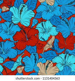 Vector seamless background. Beautiful watercolor hibiscus flowers in black, blue and red colors. Bright painting inspired hibiscus flower print.