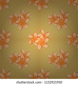 Vector seamless background. Beautiful watercolor plumeria flowers in beige, yellow and orange colors. Bright painting inspired plumeria flower print.