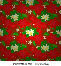 Vector seamless background. Beautiful watercolor plumeria flowers in orange, red and green colors. Bright painting inspired plumeria flower print.