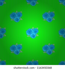 Vector seamless background. Beautiful watercolor rose flowers and green leaves in blue and green colors. Bright painting inspired rose flower print.
