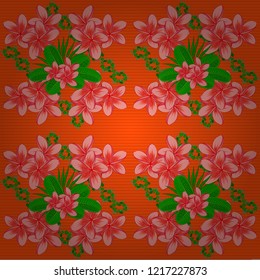 Vector seamless background. Beautiful watercolor plumeria flowers in green, orange and pink colors. Bright painting inspired plumeria flower print.