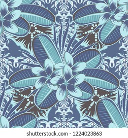 Vector seamless background. Beautiful watercolor plumeria flowers in gray and blue colors. Bright painting inspired plumeria flower print.