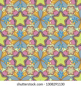 Vector seamless background. Beautiful watercolor flowers in blue, brown and yellow colors, bright painting inspired flower print.