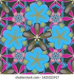 Vector seamless background. Beautiful watercolor flowers in magenta, blue and green colors, bright painting inspired flower print.