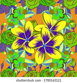 Vector seamless background. Beautiful watercolor plumeria flowers in green, blue and yellow colors. Bright painting inspired plumeria flower print.