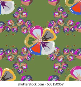 Vector seamless background. Beautiful watercolor flowers in green, blue and beige colors, bright painting inspired flower print.