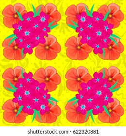Vector seamless background. Beautiful watercolor cosmos flowers on a yellow background. Bright painting inspired cosmos flower print.