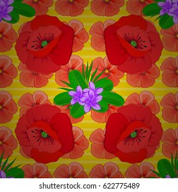 Vector seamless background. Beautiful watercolor poppy flowers on a yellow background. Bright painting inspired poppy flower print.