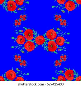 Vector seamless background. Beautiful watercolor poppy flowers on a blue background. Bright painting inspired poppy flower print.